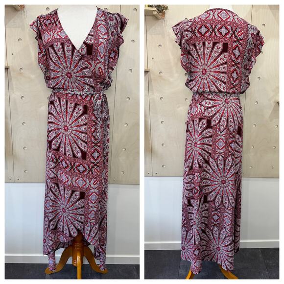 ELLA MOSS Flutter Sleeve Wrap Dress Size S Red Purple Boho Print Midi Dress - Picture 11 of 11
